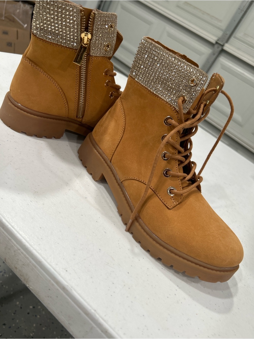MICHAEL Michael Kors Tan Lace-Up Boots with Crystal Cuff